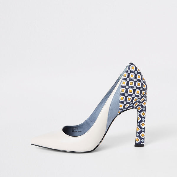 Blue printed block heel court shoes