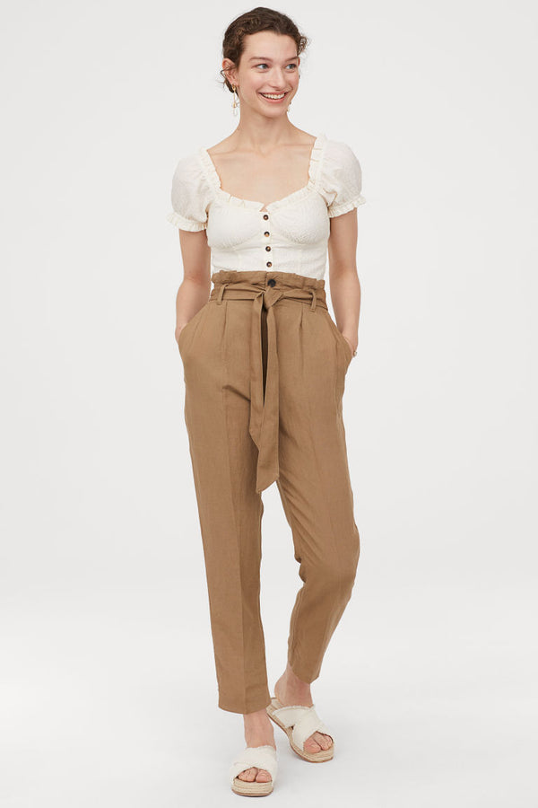 Linen-blend paper bag trousers